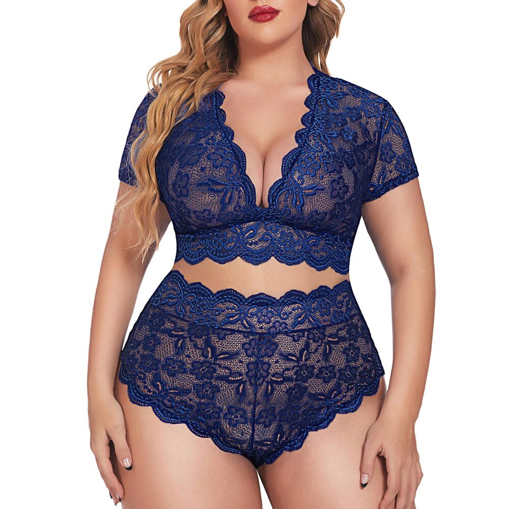 1401 Plus Size Lingerie Plus Floral Lace Scallop Trim Lingerie Set Deep V